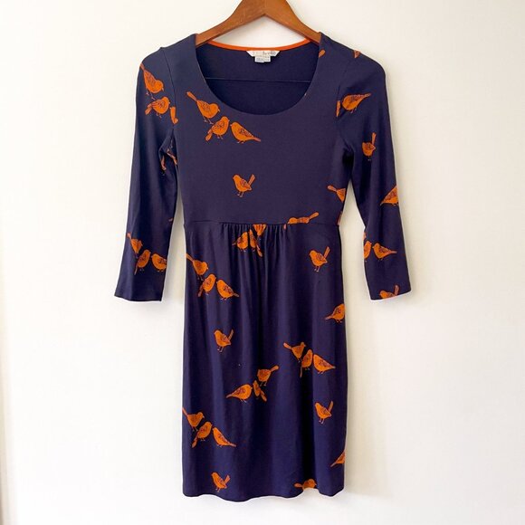 Boden Blue and Orange Bird Print Jersey Dress, Size 4 - Picture 2 of 6
